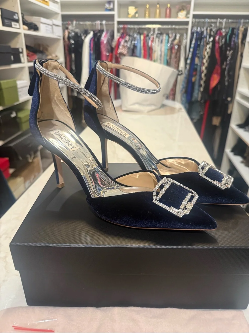 BADGLEY MISCHKA ankle Strap Embellished Marlow navy Stiletto with crystal New 11
